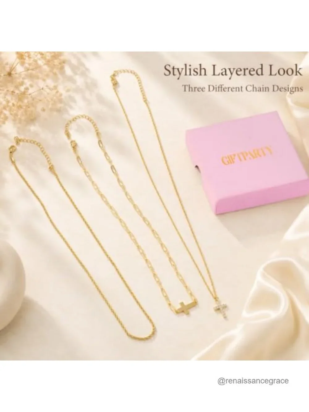 14K Gold Plated Cross Necklace Set for Women, 3 Layer Pendant Layering